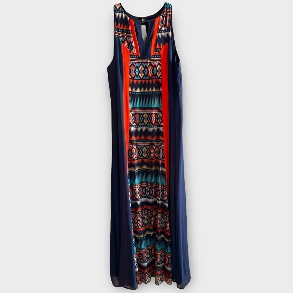 Anthropologie Greylin Navy Red Aztec Print Sleeveless Maxi Dress Medium